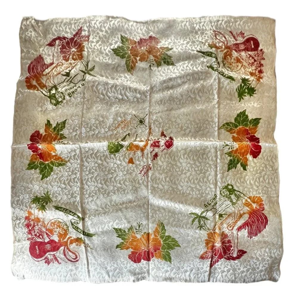 Vintage Hawaiian Tablecloth & Napkins Set Hula Girl Hibiscus Design 47x47 12